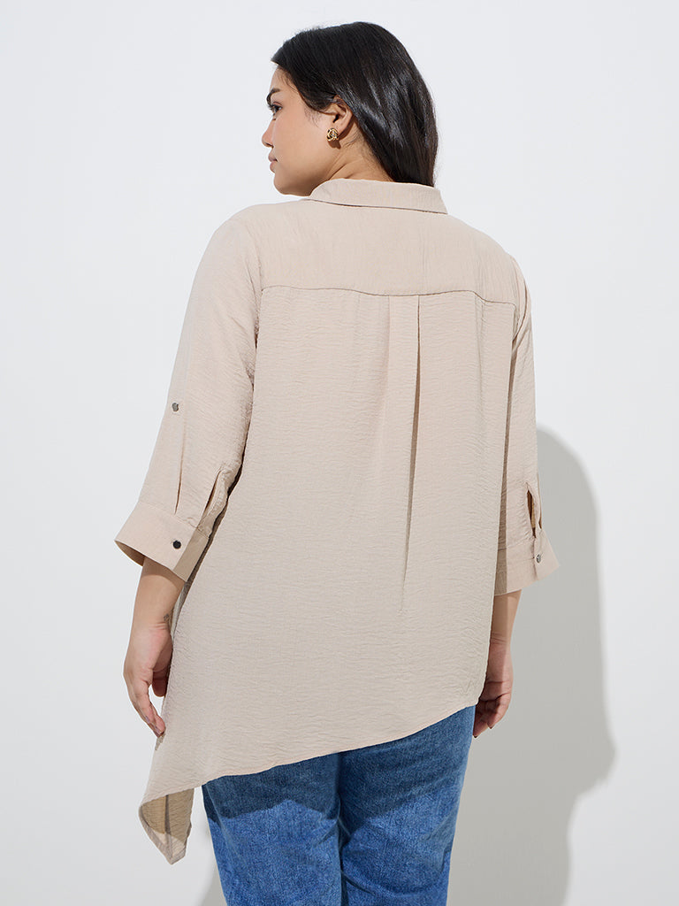 Gia Beige Crinkle-Textured Asymmetrical Blouse - Image 4