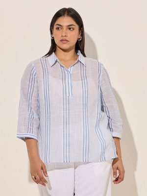 Gia Light Blue Stripe Patterned Cotton Blouse