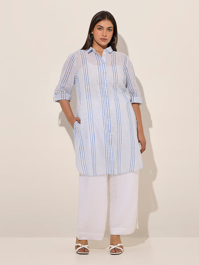 Gia Light Blue Striped Cotton Tunic - Image 3
