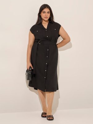 Gia Black Solid Linen-Blend Shirt Dress with Belt