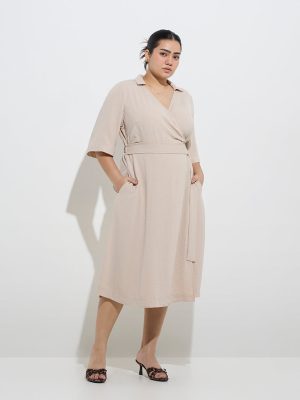 Gia Beige Crinkle-Textured Wrap Dress
