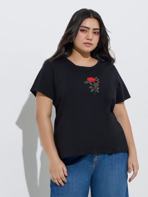 Gia Black Floral Embroidered Cotton T-Shirt