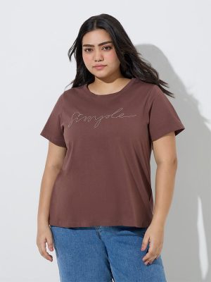Gia Brown Text Design Cotton T-Shirt
