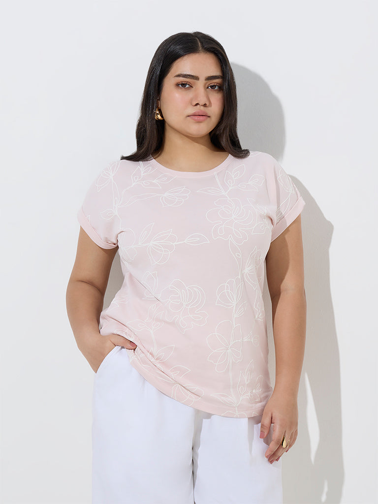 Gia Light Pink Floral Pattern Cotton T-Shirt