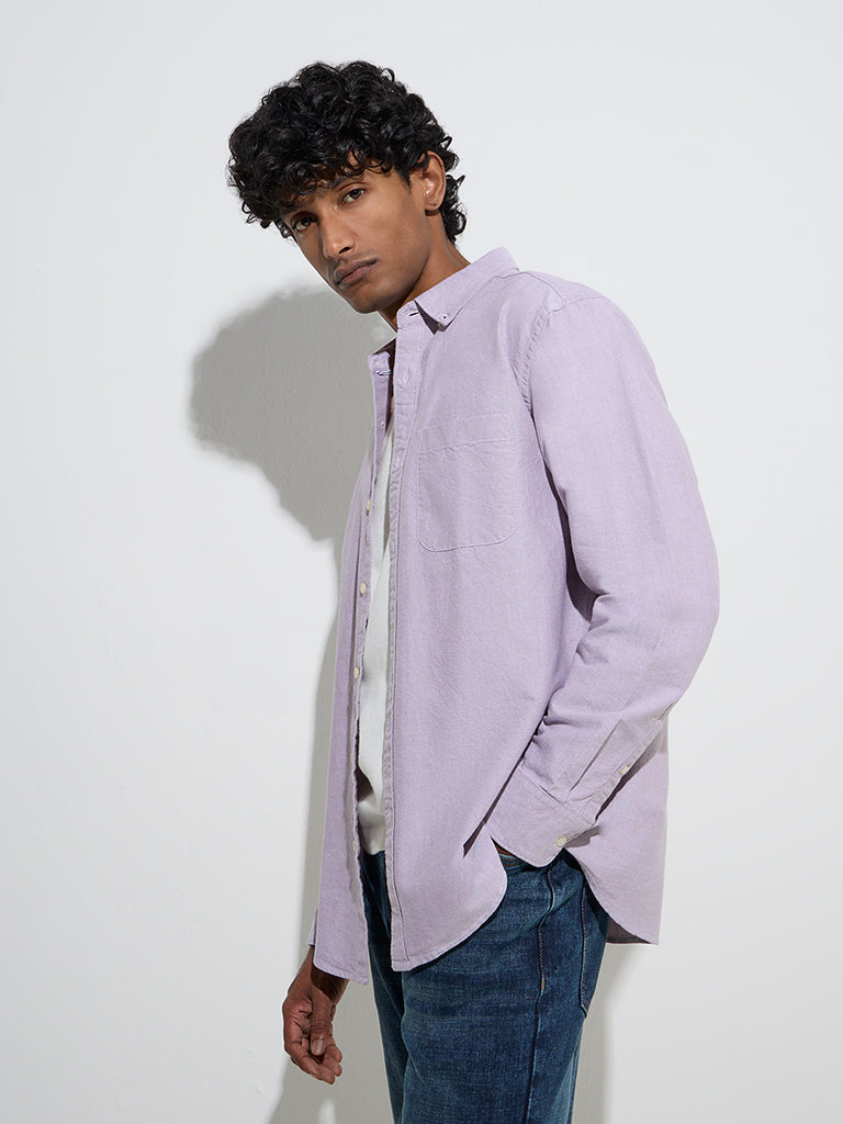 WES Casuals Lilac Solid Relaxed-Fit Cotton Shirt