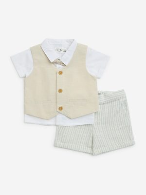 HOP Baby Beige Cotton Waistcoat. Shirt. Shorts and Bow Set
