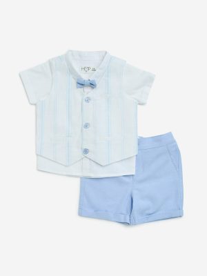 HOP Baby White Cotton Waistcoat. Shirt. Shorts and Bow Set