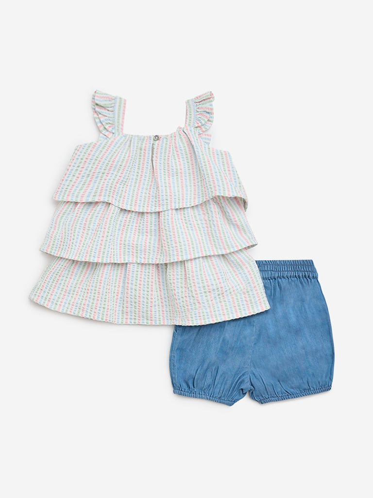 HOP Baby Multicolour Striped Top with Denim Shorts Set - Image 2