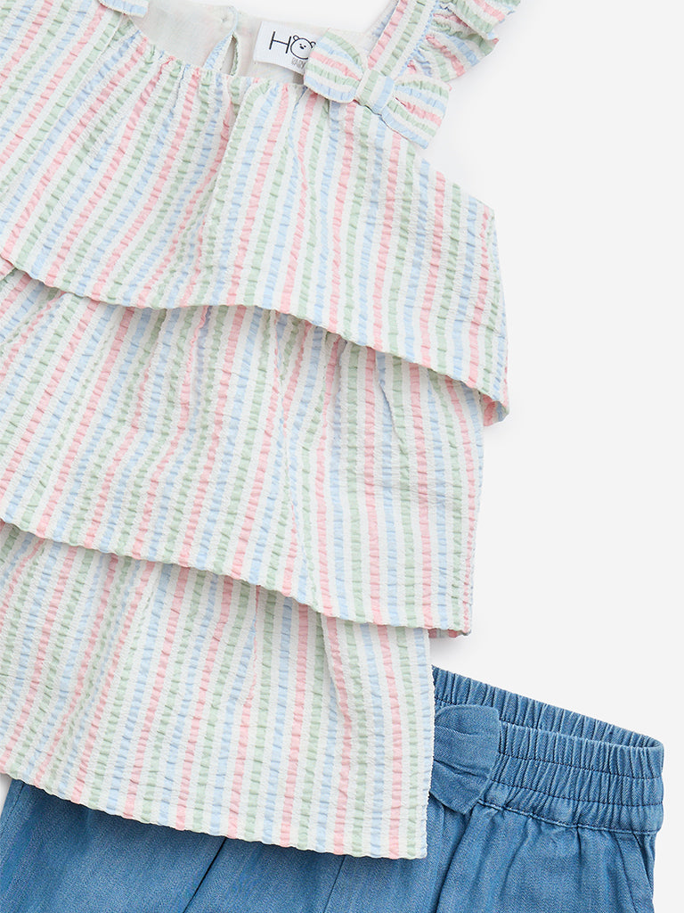 HOP Baby Multicolour Striped Top with Denim Shorts Set - Image 3
