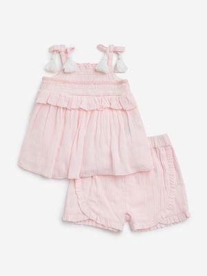 HOP Baby Pink Crinkle Textured Top with Shorts Set