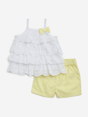 HOP Baby White Schiffli Design Cotton Top with Shorts Set
