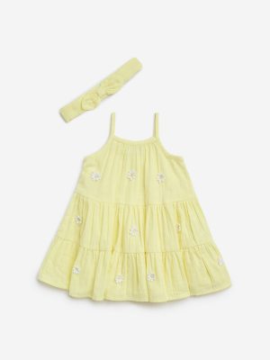 HOP Baby Yellow Tiered Cotton Dress with Headband