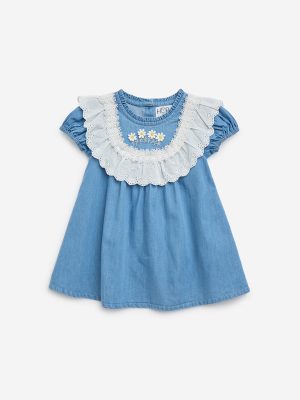 HOP Baby Blue Floral Design Denim A-Line Dress