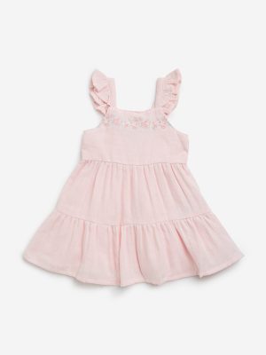 HOP Baby Pink Floral Embroidered Cotton A-Line Dress