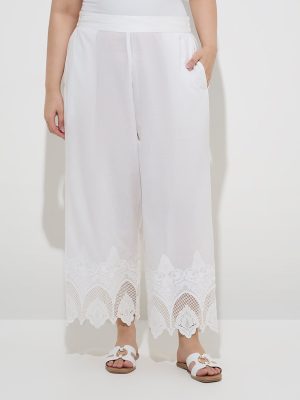 Diza White Floral Lace-Detailed Cotton Ethnic Pants