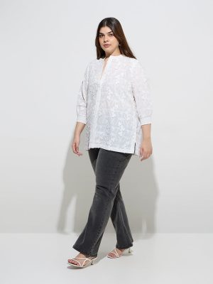 Diza White Floral Embroidered Cotton Ethnic Shirt