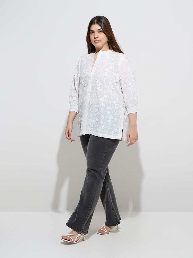 Diza White Floral Embroidered Cotton Ethnic Shirt