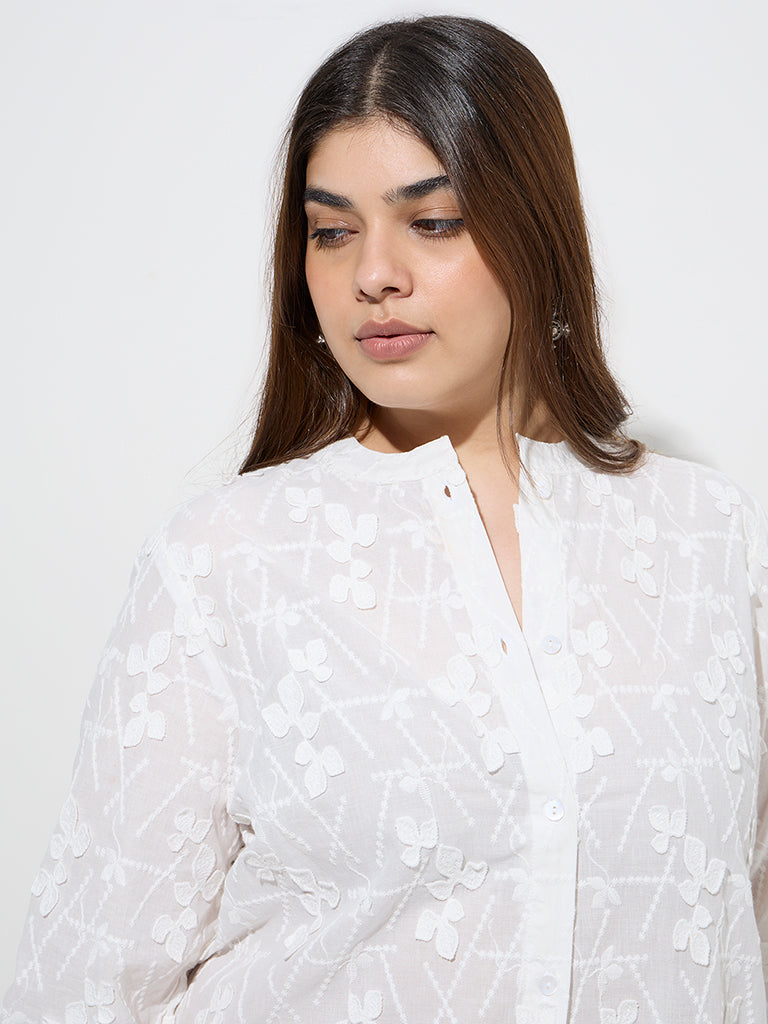 Diza White Floral Embroidered Cotton Ethnic Shirt - Image 2