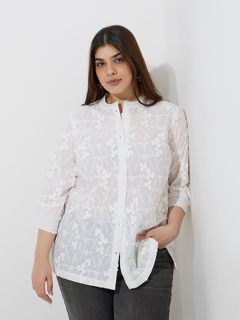 Diza White Floral Embroidered Cotton Ethnic Shirt - Image 3