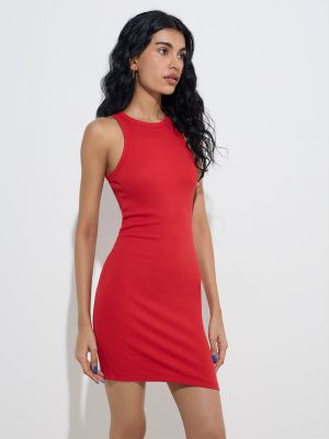 Nuon Red Ribbed-Textured Bodycon Dress