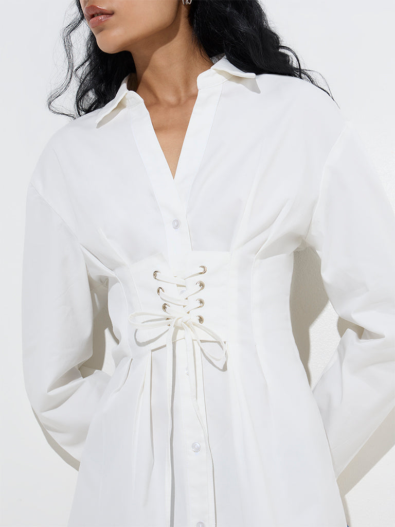 Nuon White Corset-Style Cotton-Blend Shirt Dress - Image 2