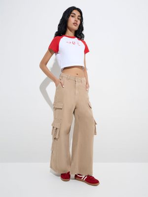 Nuon Beige Cargo-Style Straight-Fit High-Rise Jeans