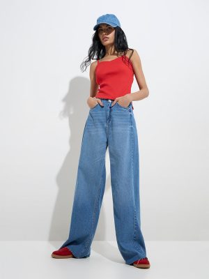 Nuon Blue Faded Straight-Fit High-Rise Jeans