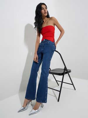 Nuon Blue Stud-Detailed Wide-Leg High-Rise Jeans