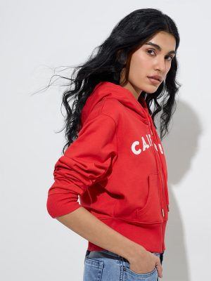 Nuon Red Text Design Cotton Crop Jacket