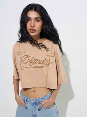 Nuon Beige Text Printed Cotton T-Shirt