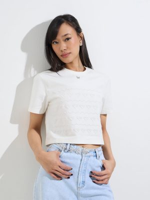 Nuon White Self-Textured Cotton-Blend T-Shirt