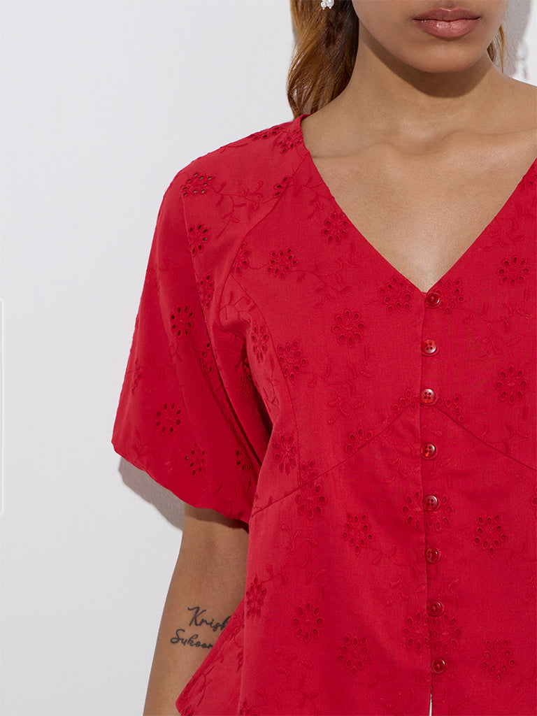 LOV Red Schiffli Design Cotton Top - Image 2