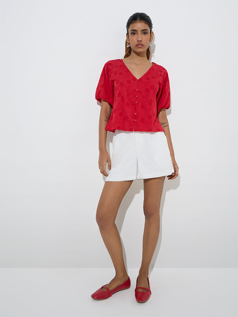LOV Red Schiffli Design Cotton Top - Image 3