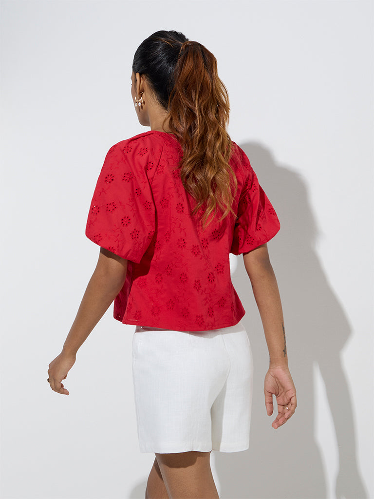 LOV Red Schiffli Design Cotton Top - Image 4
