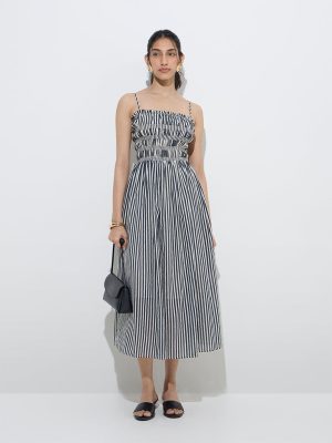 LOV Blue Stripe Printed Cotton-Blend A-Line Dress