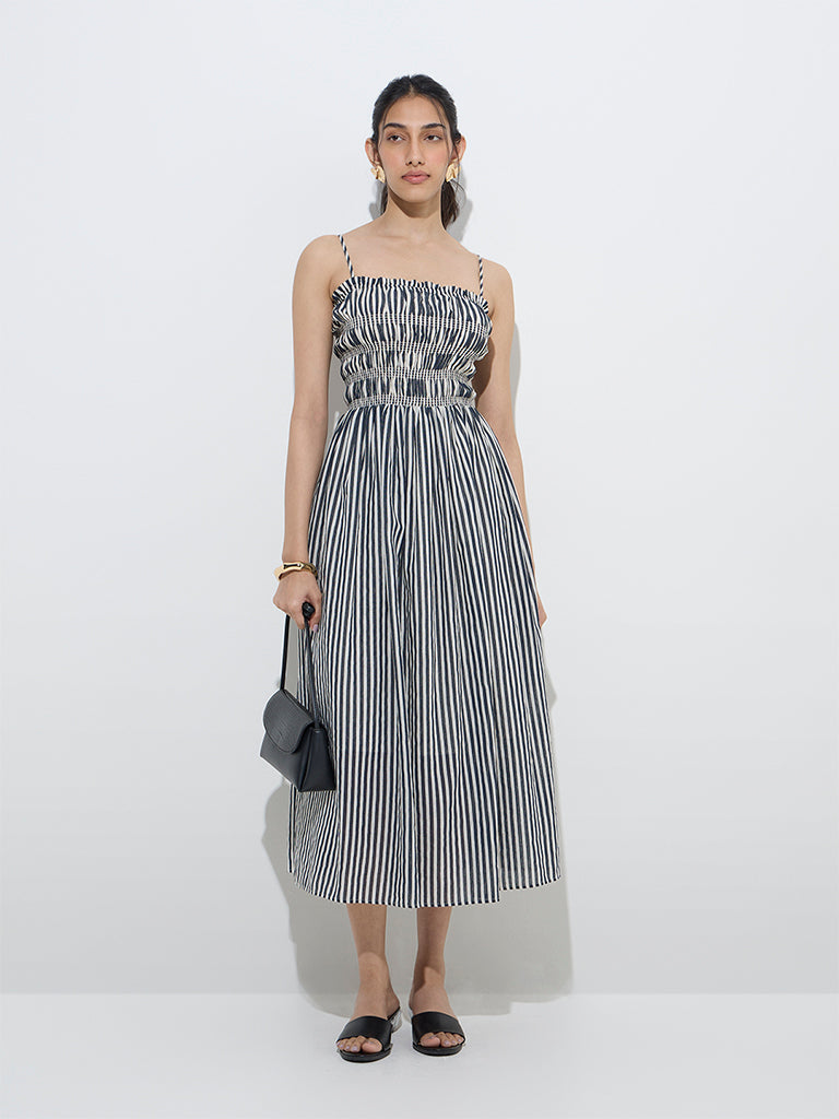 LOV Blue Stripe Printed Cotton-Blend A-Line Dress