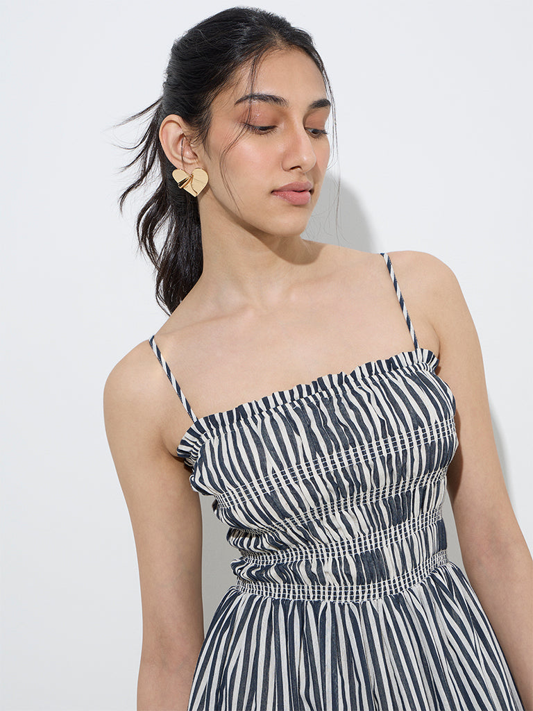 LOV Blue Stripe Printed Cotton-Blend A-Line Dress - Image 2