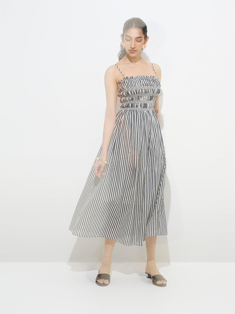 LOV Blue Stripe Printed Cotton-Blend A-Line Dress - Image 3