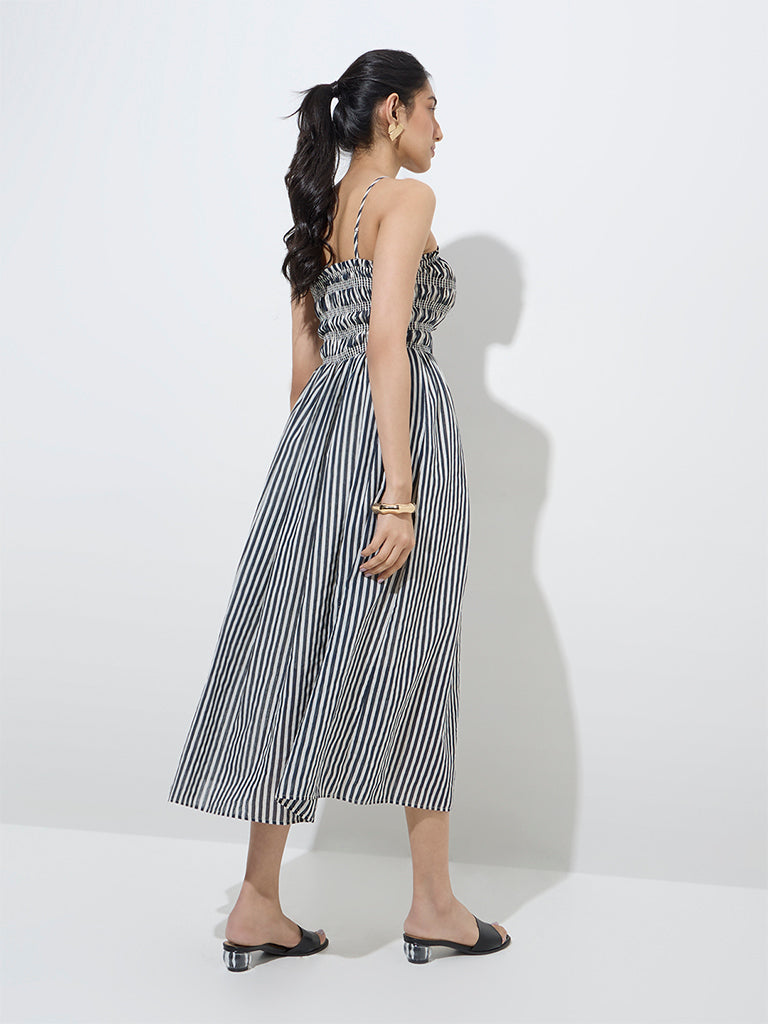 LOV Blue Stripe Printed Cotton-Blend A-Line Dress - Image 4