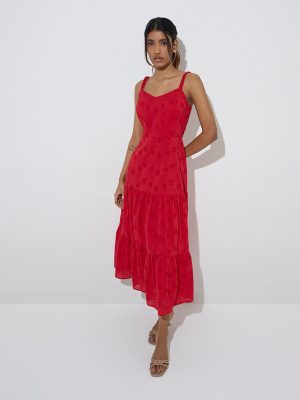 LOV Red Schiffli Design Tiered Cotton Dress