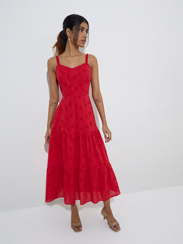 LOV Red Schiffli Design Tiered Cotton Dress - Image 3