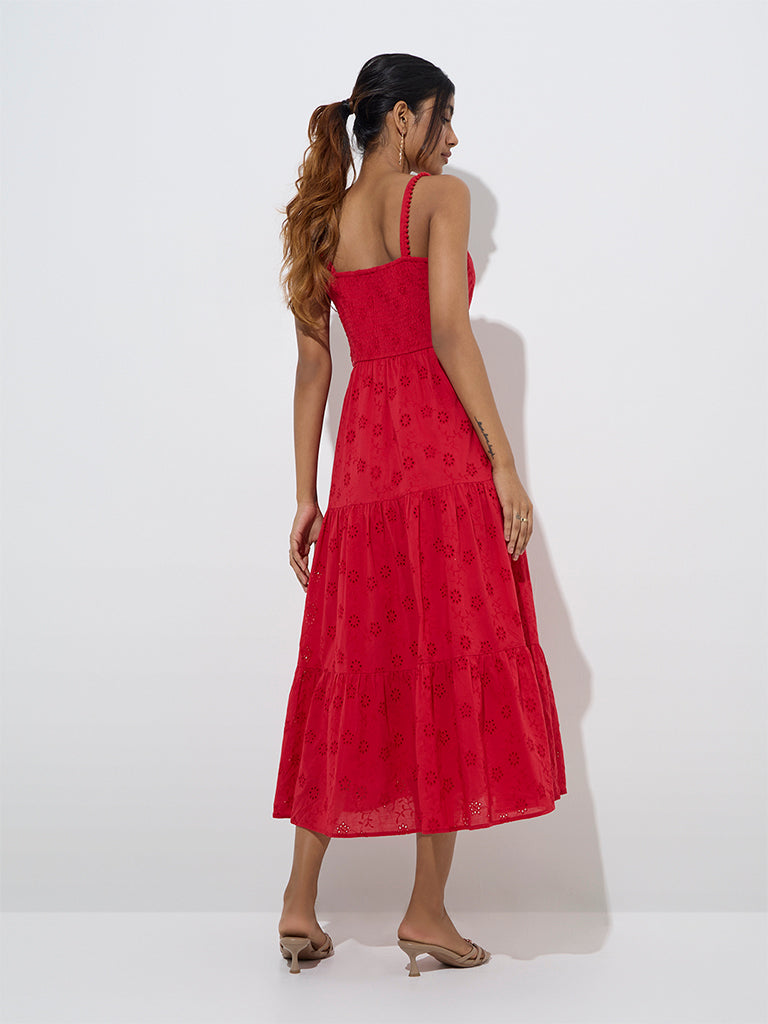 LOV Red Schiffli Design Tiered Cotton Dress - Image 4