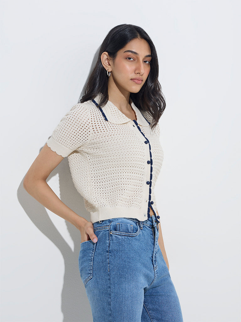 LOV Off-White Crochet-Knitted Cotton-Blend Cardigan