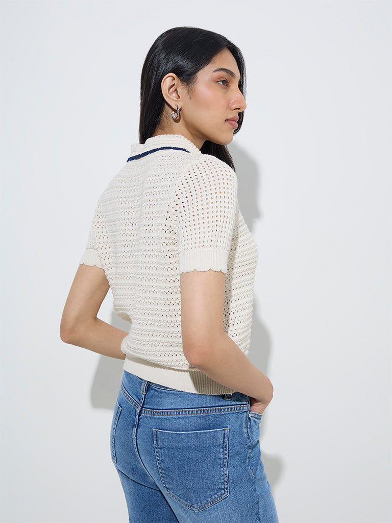 LOV Off-White Crochet-Knitted Cotton-Blend Cardigan - Image 4