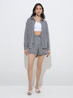 LOV Blue Striped Cotton-Blend High-Rise Shorts