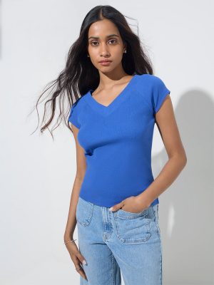 LOV Blue Ribbed-Texture Cotton-Blend Top