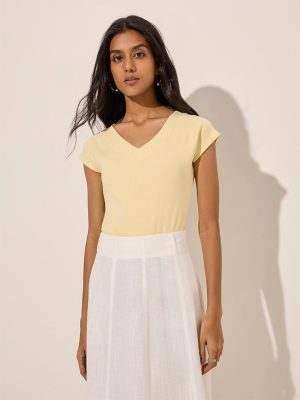 LOV Yellow Ribbed Textured Cotton-Blend Top