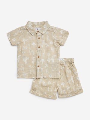 HOP Baby Beige Animal Printed Cotton Shirt and Shorts Set