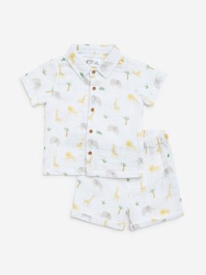 HOP Baby White Animal Printed Cotton Shirt with Shorts Set