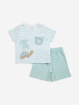 HOP Baby Sage Striped Cotton T-Shirt & Shorts Set